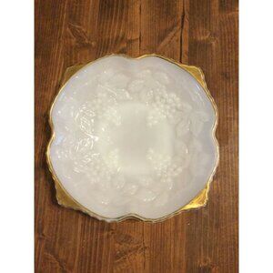 Anchor Hocking milk glass serving bowl fruit grapes white gold trim pedestal